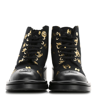 Chanel Lambskin Shearling Canvas CC Lace Up Boots 38.5 Black Gold 3 of 10