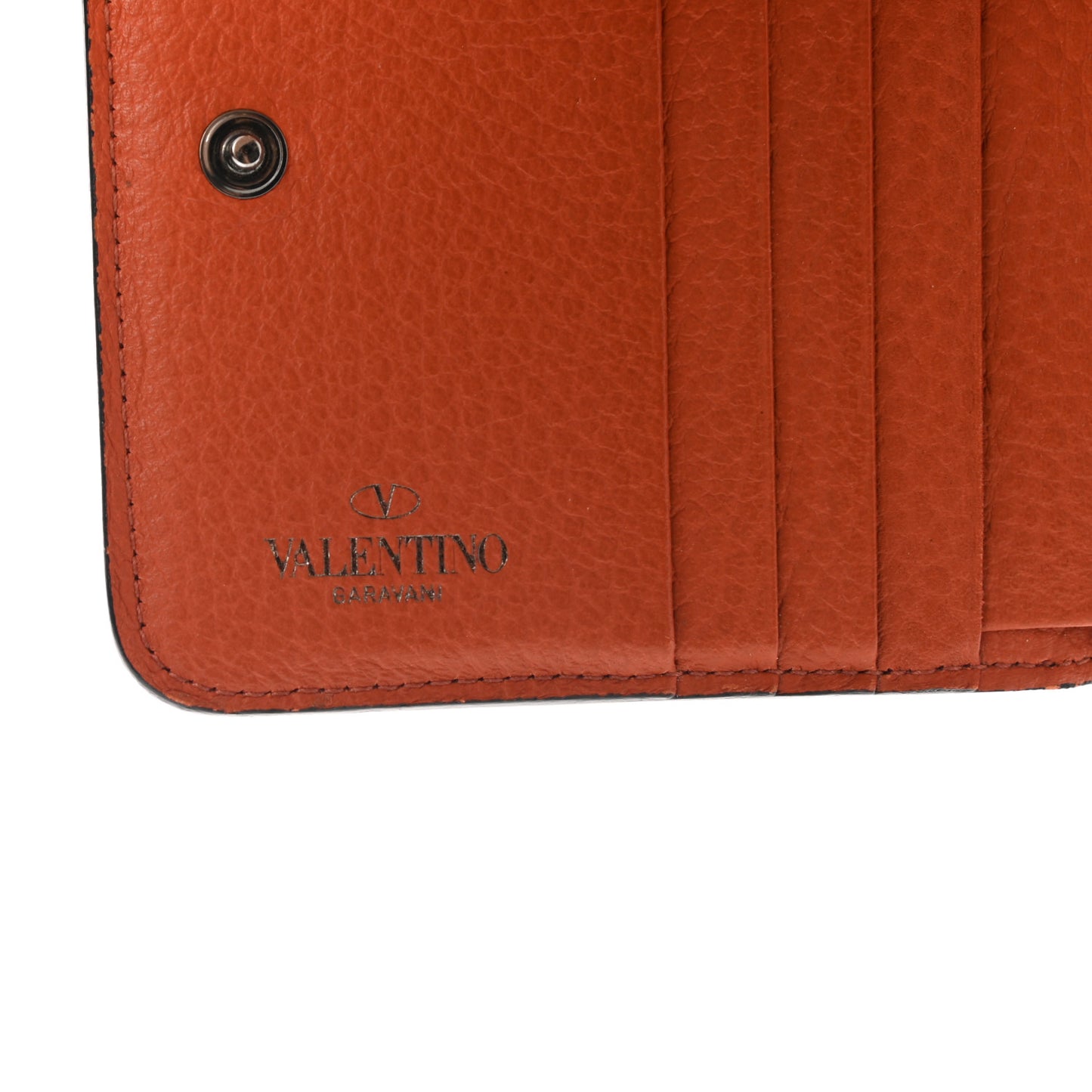 Pebbled Calfskin Rockstud Compact Zip Around Wallet Orange