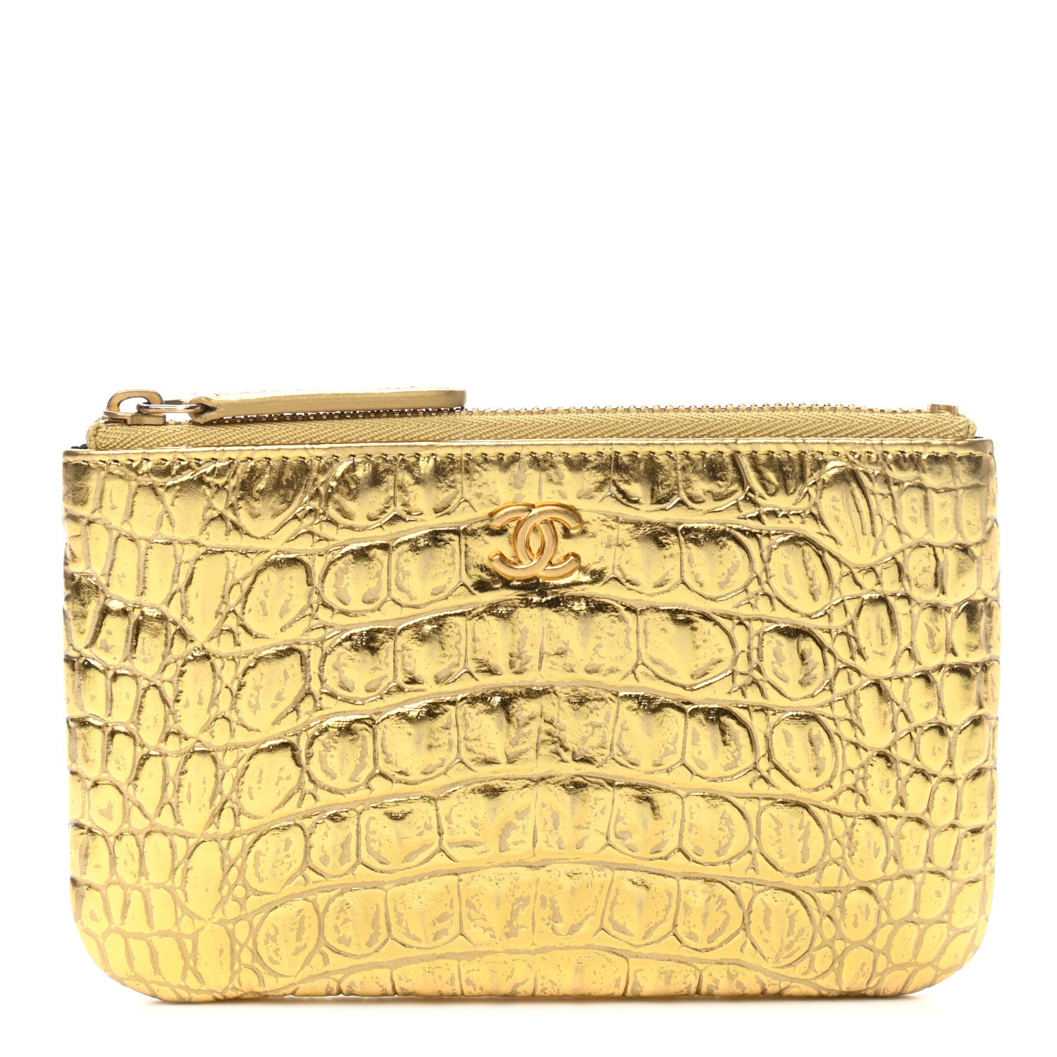 Chanel Metallic Calfskin Crocodile Embossed Cocodile Small Cosmetic Case Gold 1 of 8