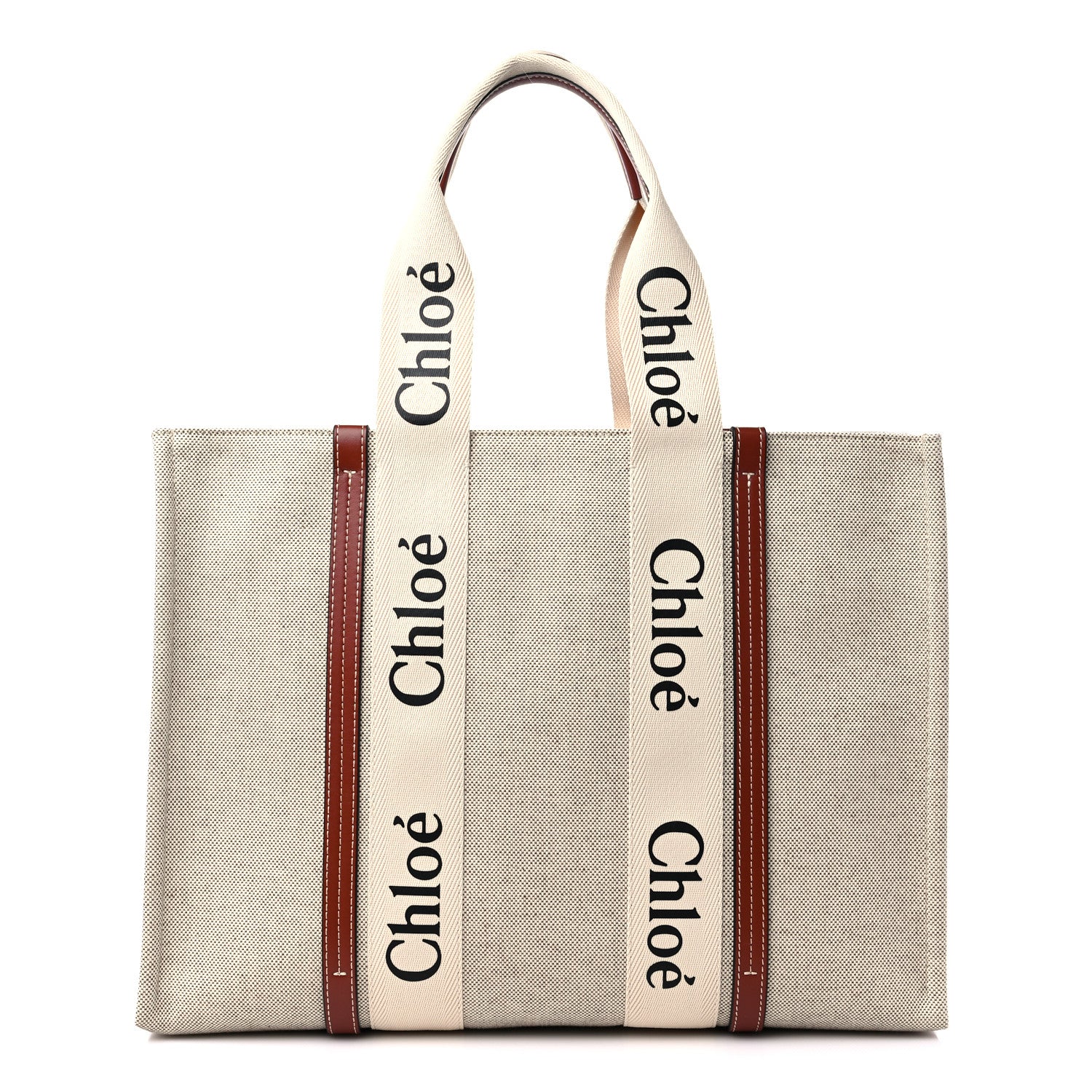 Chloe Cotton Calfskin Large Woody Ribbon Tote White Brown 1 of 10