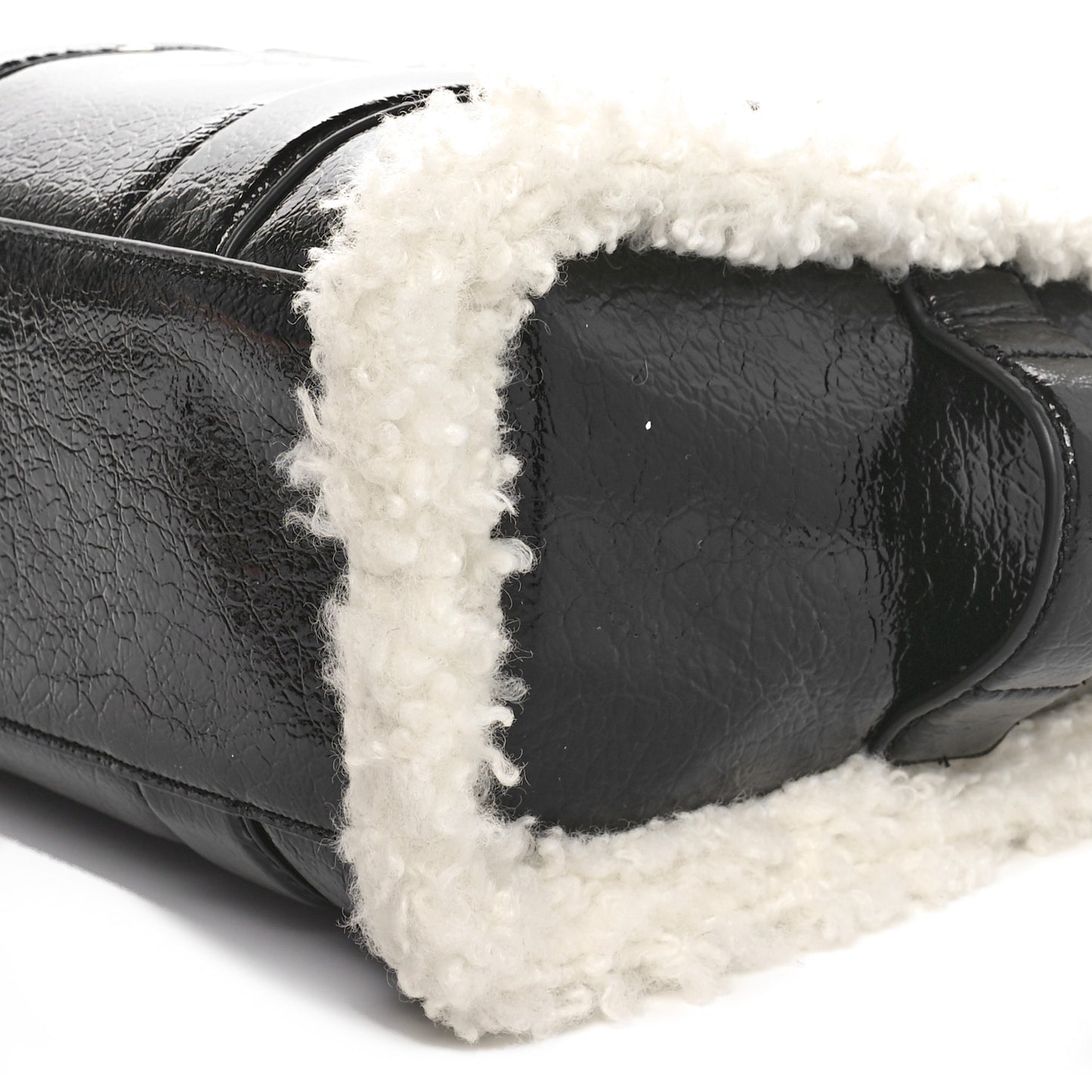 Shiny Calfskin Faux Shearling Mini The Traveler Tote Bag Black