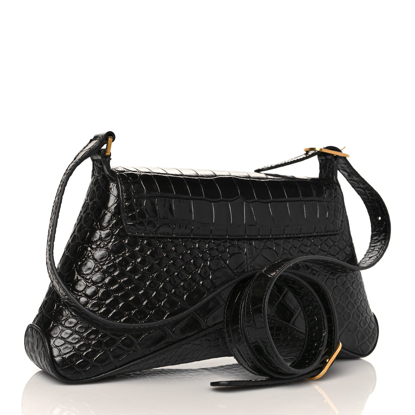 Shiny Super Supple Calfskin Crocodile Embossed Medium XX Flap Bag Black