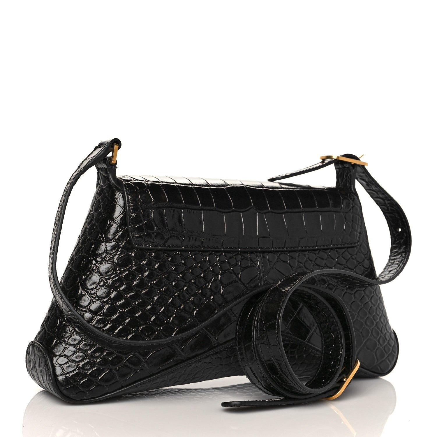 Balenciaga Shiny Super Supple Calfskin Crocodile Embossed Medium XX Flap Bag Black 2 of 9