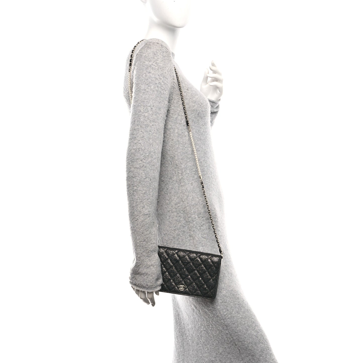 Crackled Patent Calfskin Quilted Pearl Wallet On Chain WOC Black