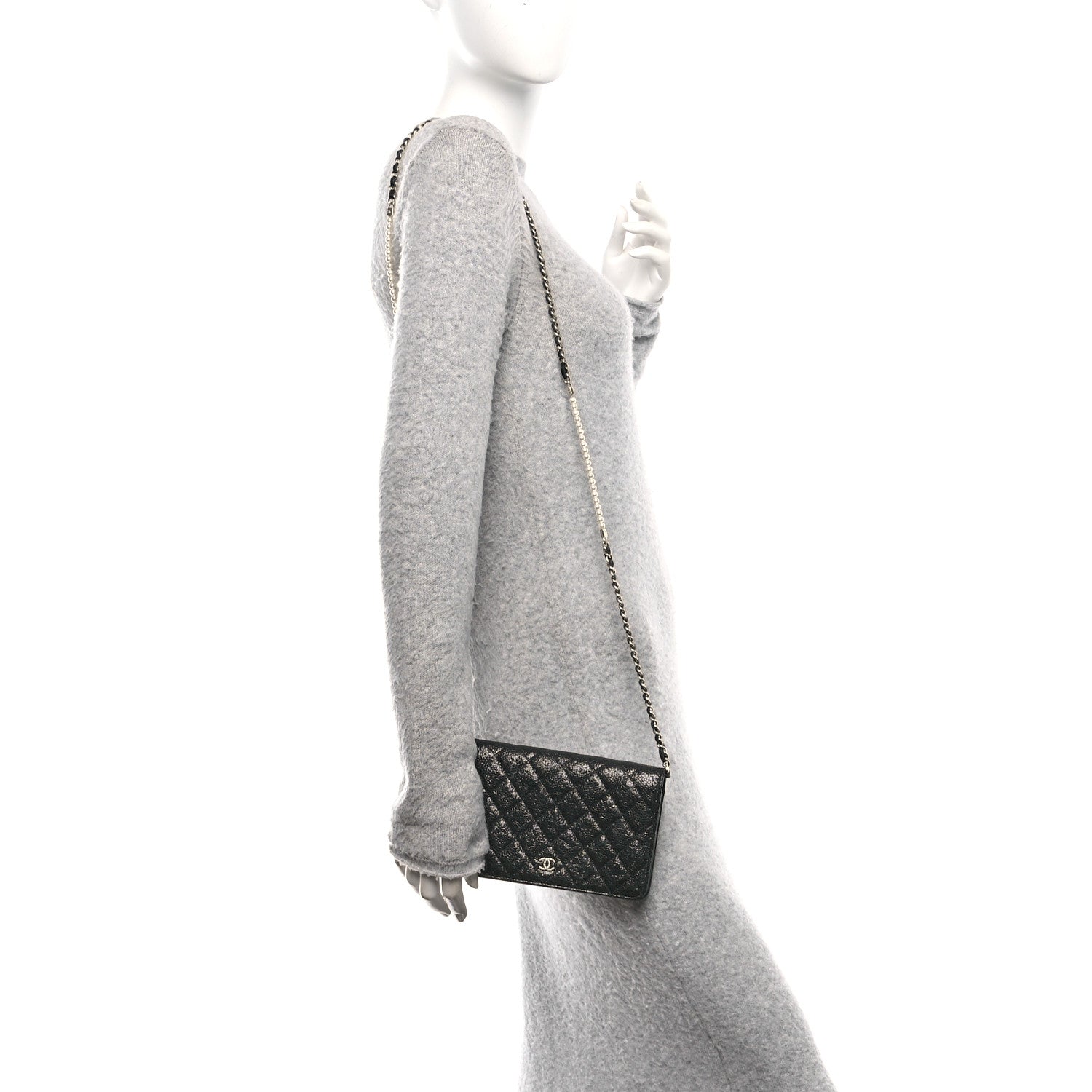 Chanel Crackled Patent Calfskin Quilted Pearl Wallet On Chain WOC Black 2 of 13