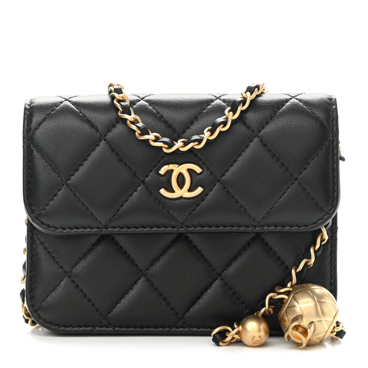 Lambskin Quilted Pearl Crush Clutch With Chain Black