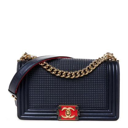 Chanel Lambskin Embossed Medium Boy Cube Flap Navy 1 of 10