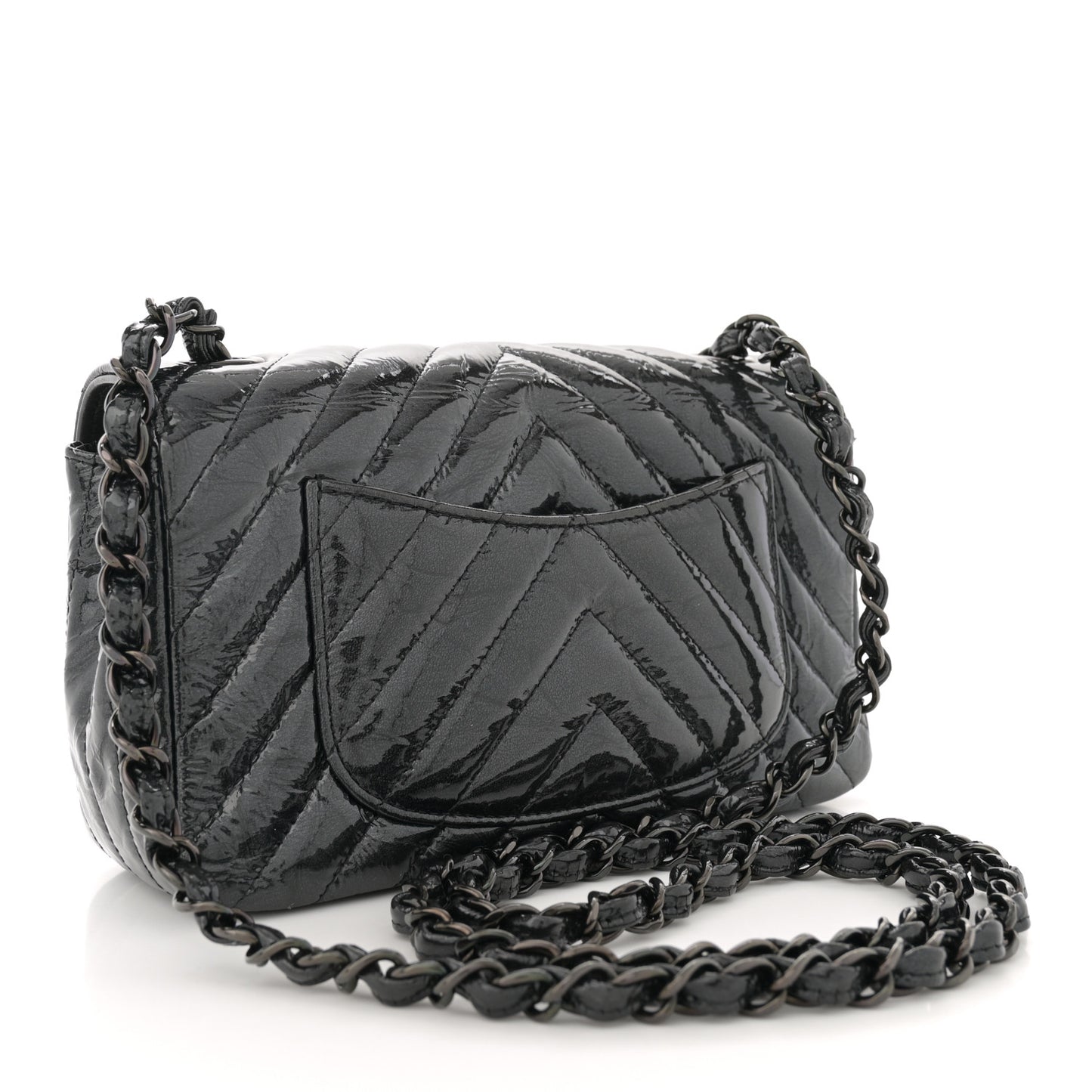 Patent Metallic Crumpled Calfskin Chevron Quilted Mini Rectangular Flap So Black