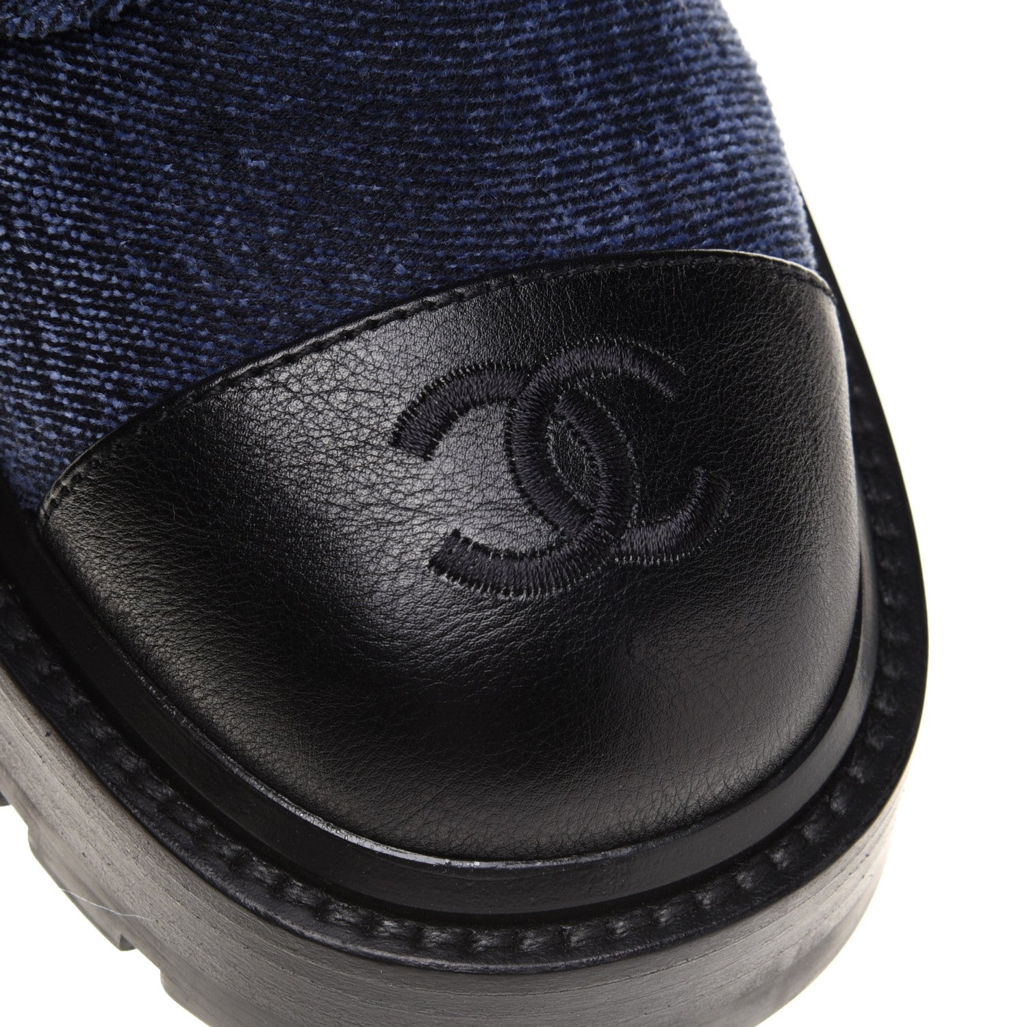 Chanel Shiny Calfskin Velvet Quilted Lace Up Combat Boots 37 Blue 10 of 13