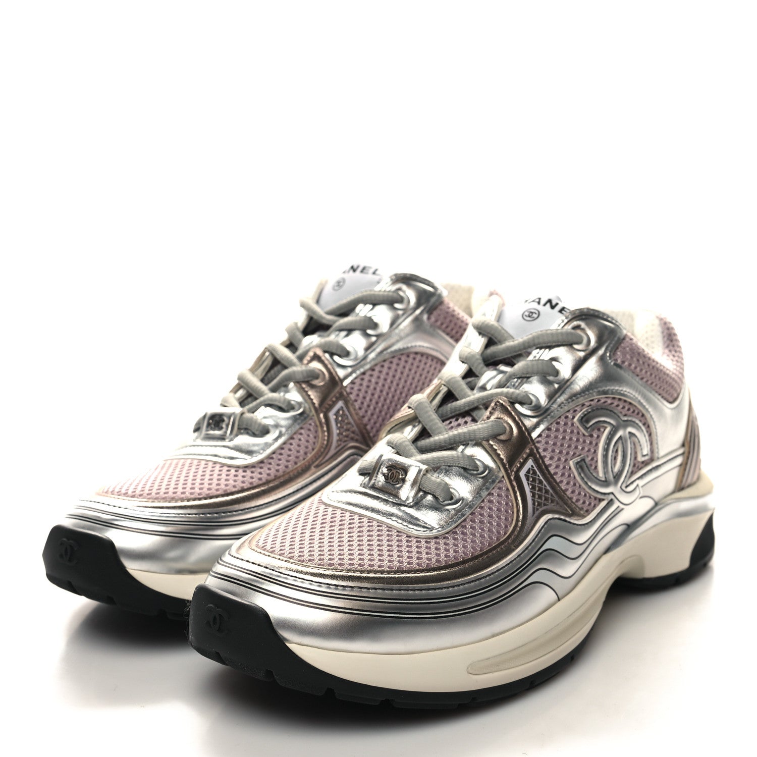 Chanel Fabric Laminated Calfskin Stretch CC Womens Sneakers 41 White Silver 3 of 9