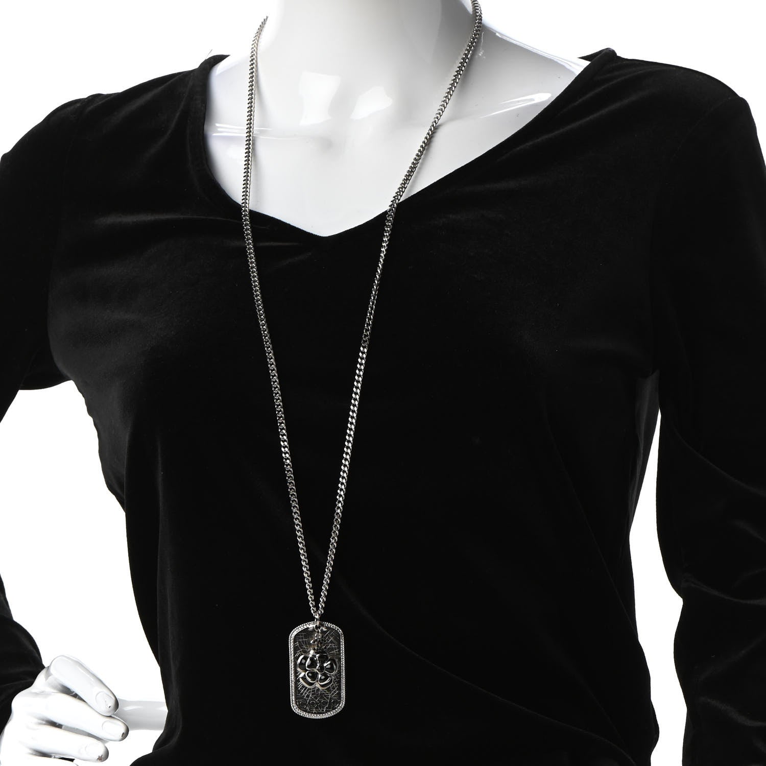 Chanel Enamel ID Dog Tag Camellia Charm Necklace Silver 2 of 6