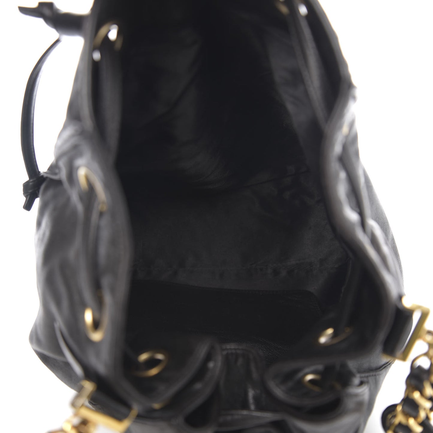 Lambskin CC Stitched Drawstring Bucket Bag Black