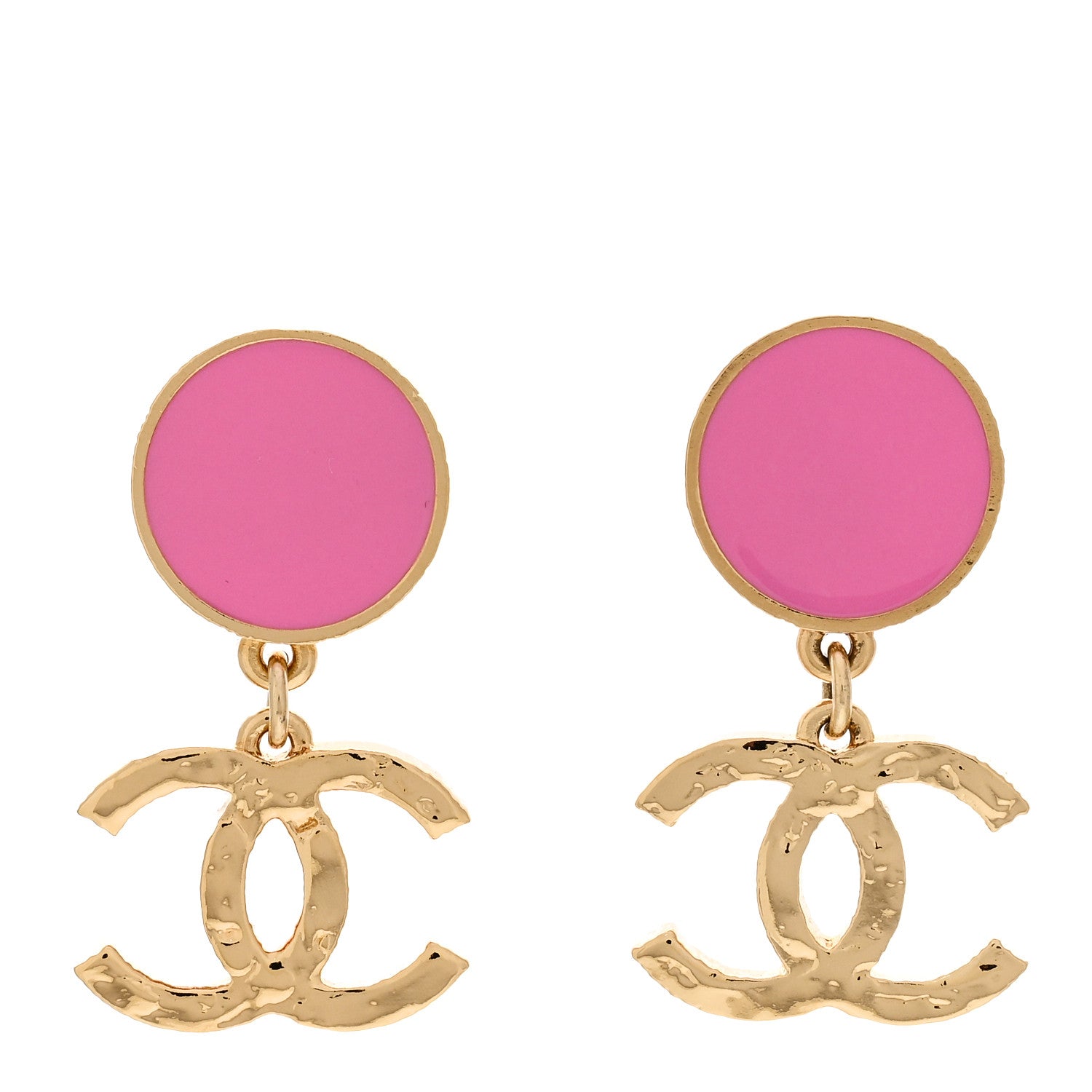 Chanel Metal Resin Disc CC Drop Earrings Gold Pink 1 of 5