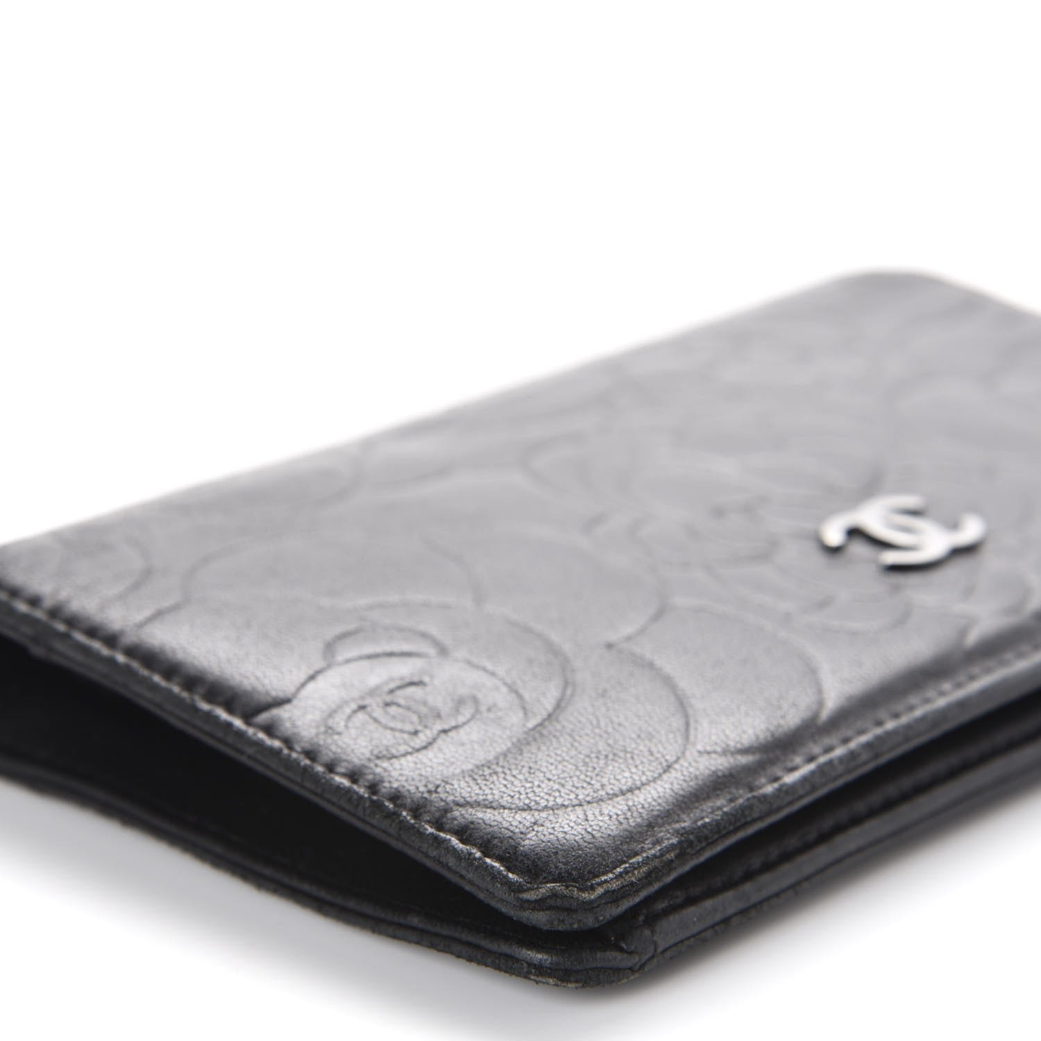 Chanel Lambskin Camellia Embossed Yen Wallet Black 5 of 10