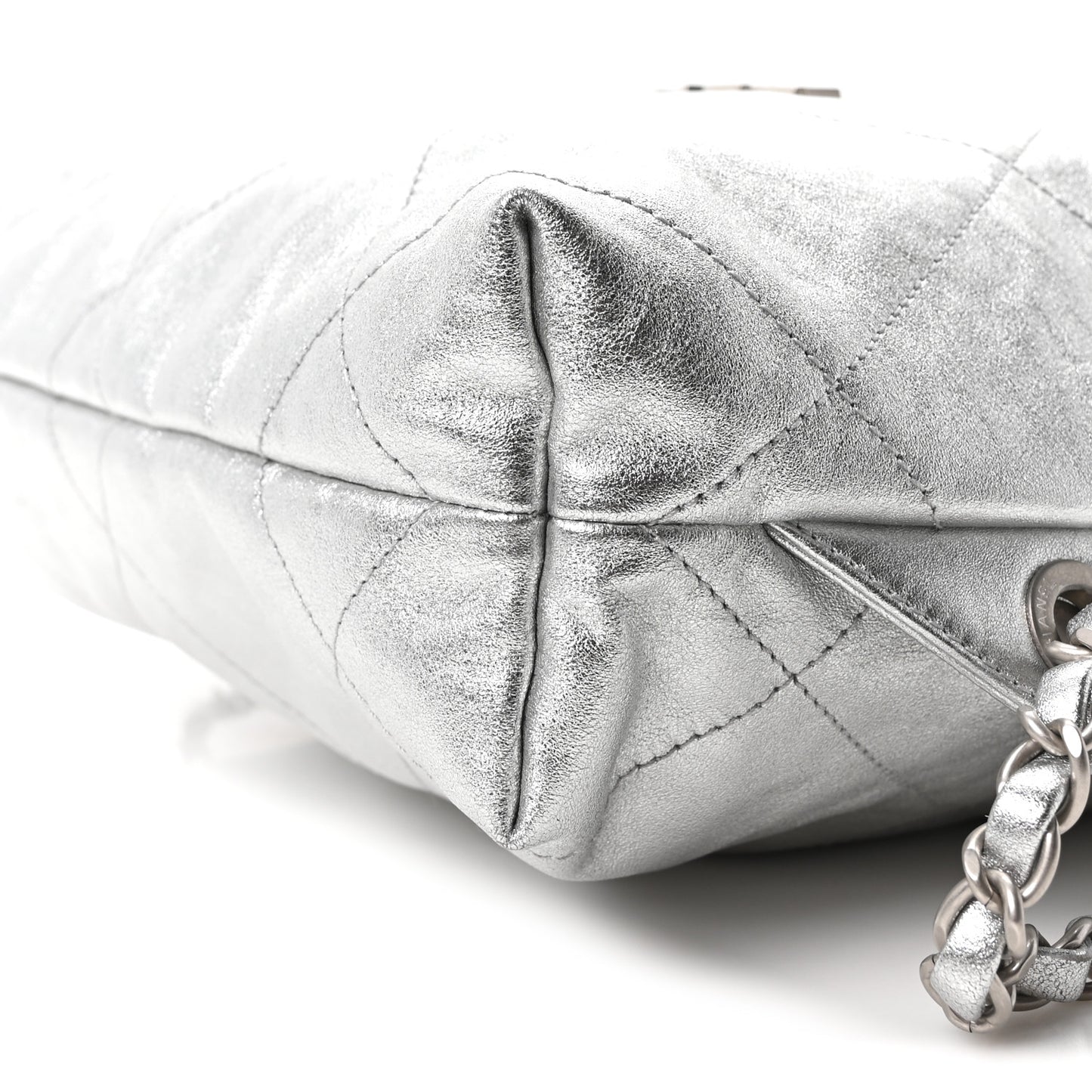 Metallic Calfskin Quilted Chanel 22 Backpack Silver
