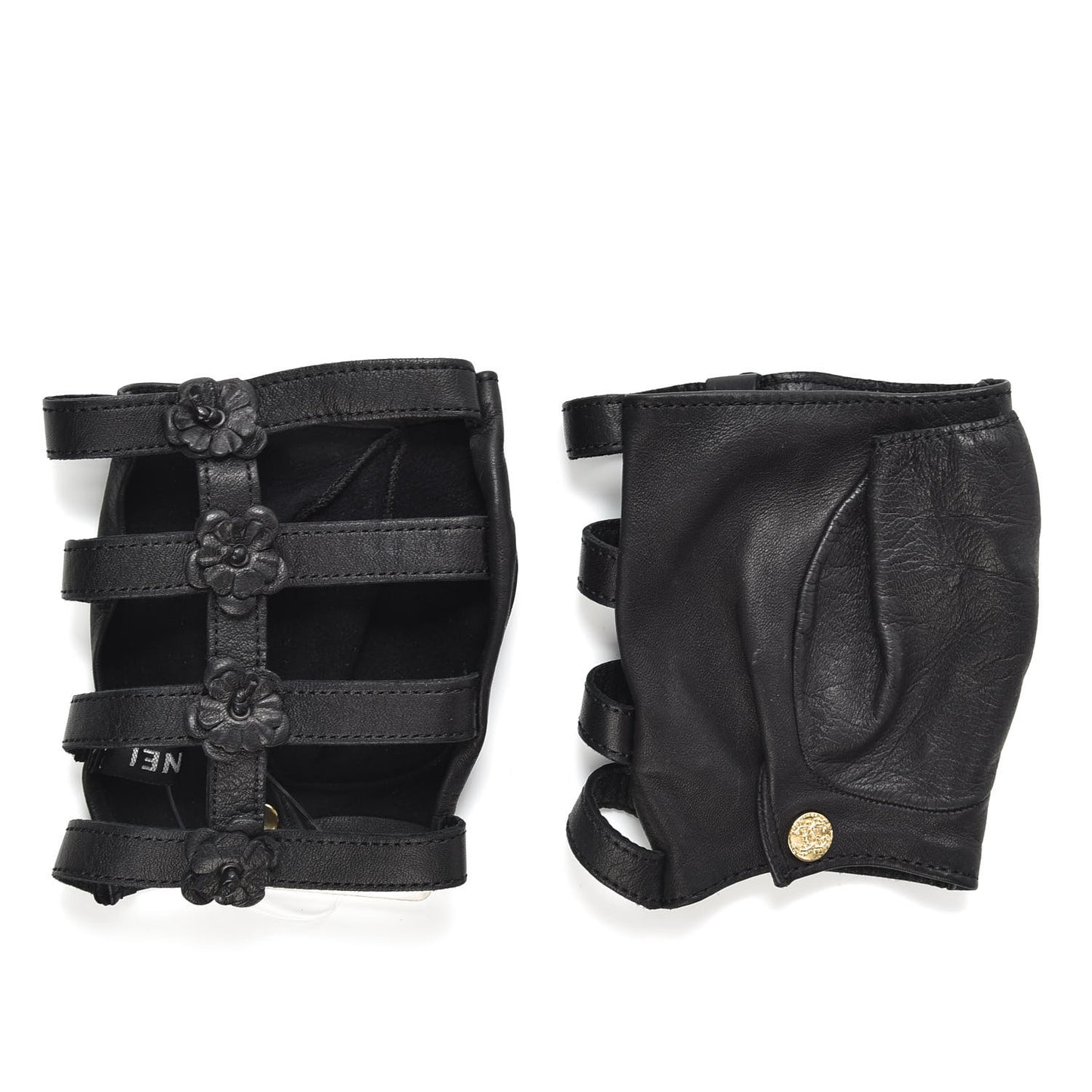 Lambskin Camellia Fingerless Gloves 8 Black