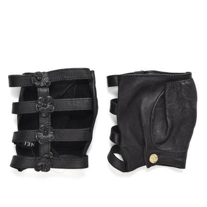 Chanel Lambskin Camellia Fingerless Gloves 8 Black 1 of 5