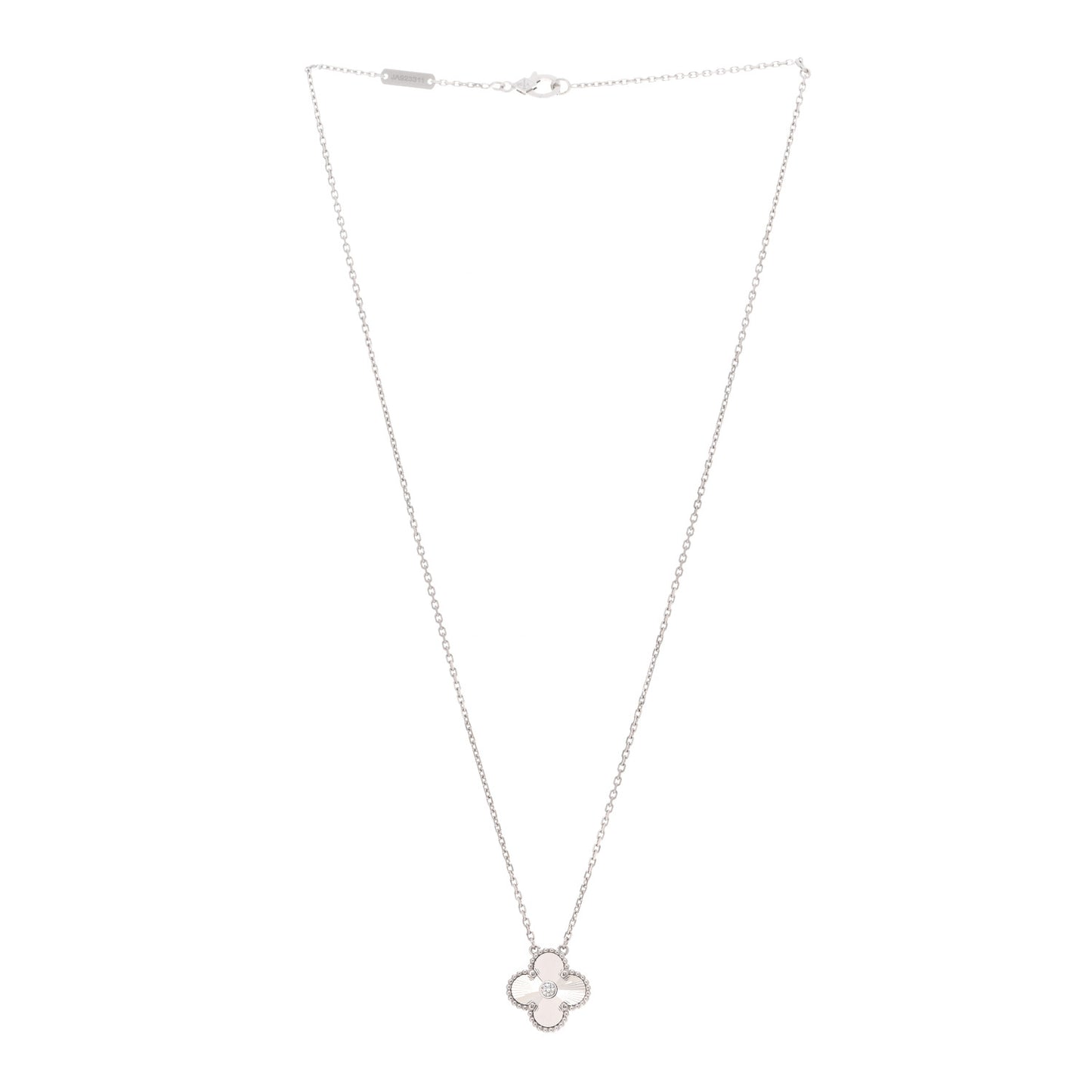 18K White Gold Diamond Guilloche Vintage Alhambra Pendant Necklace