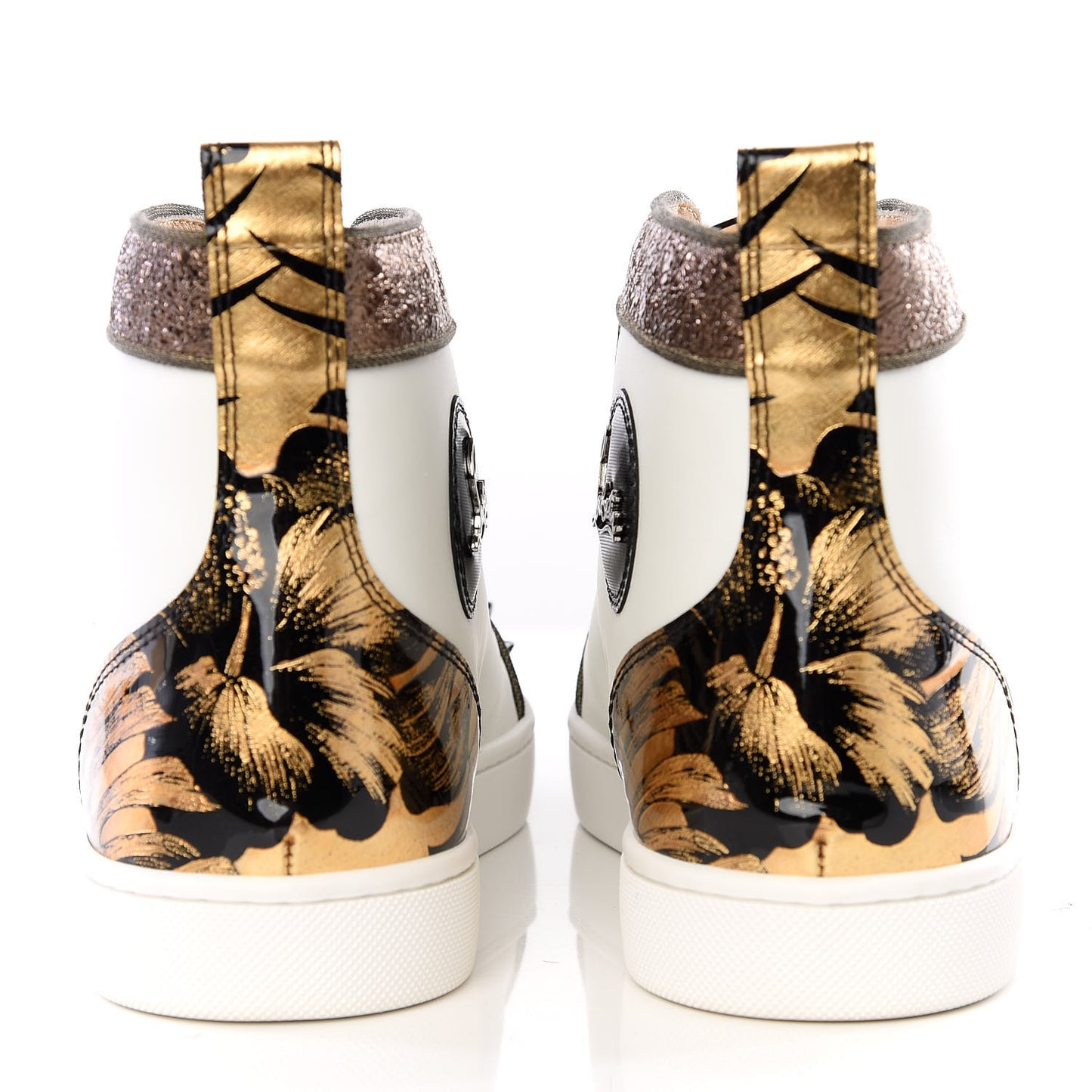 Calfskin Patent Lame Hibiscus Mens Louis Spikes High Top Sneaker 41.5 Black Gold White