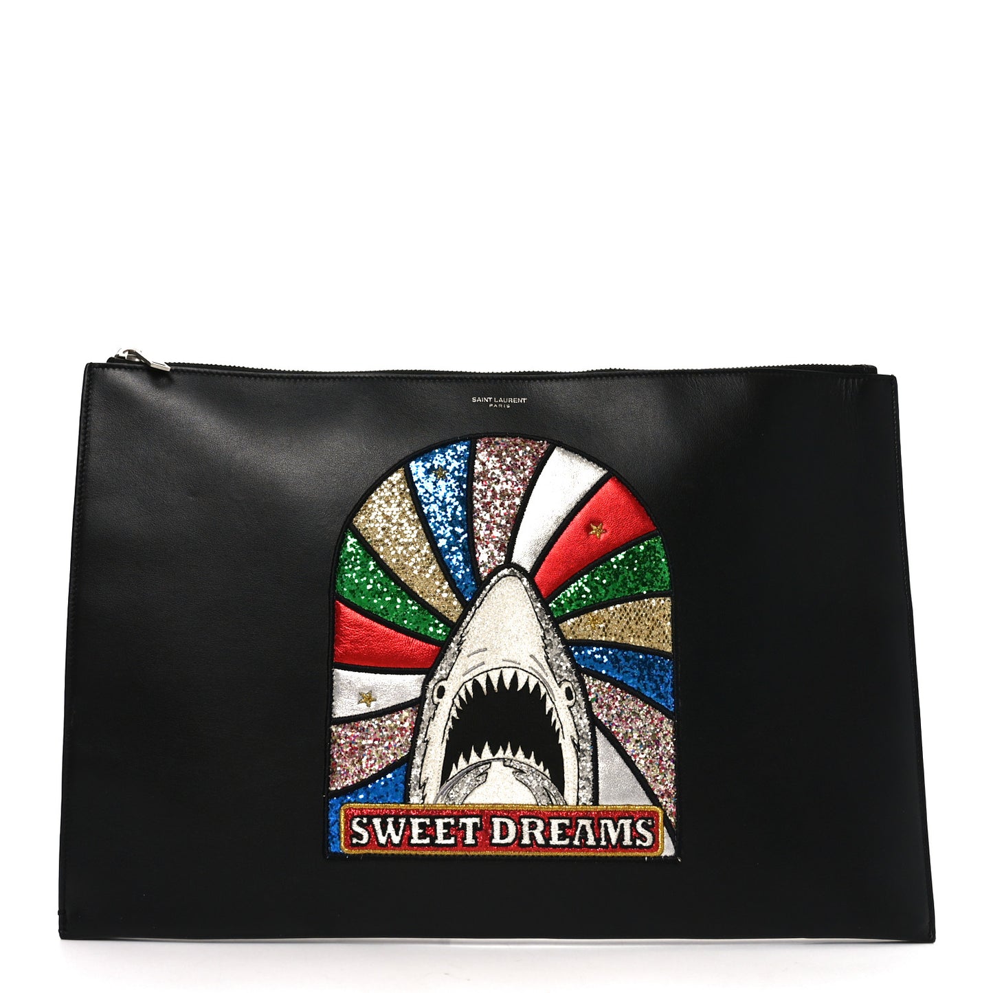 Calfskin Sweet Dreams Shark Zipped Pouch Black