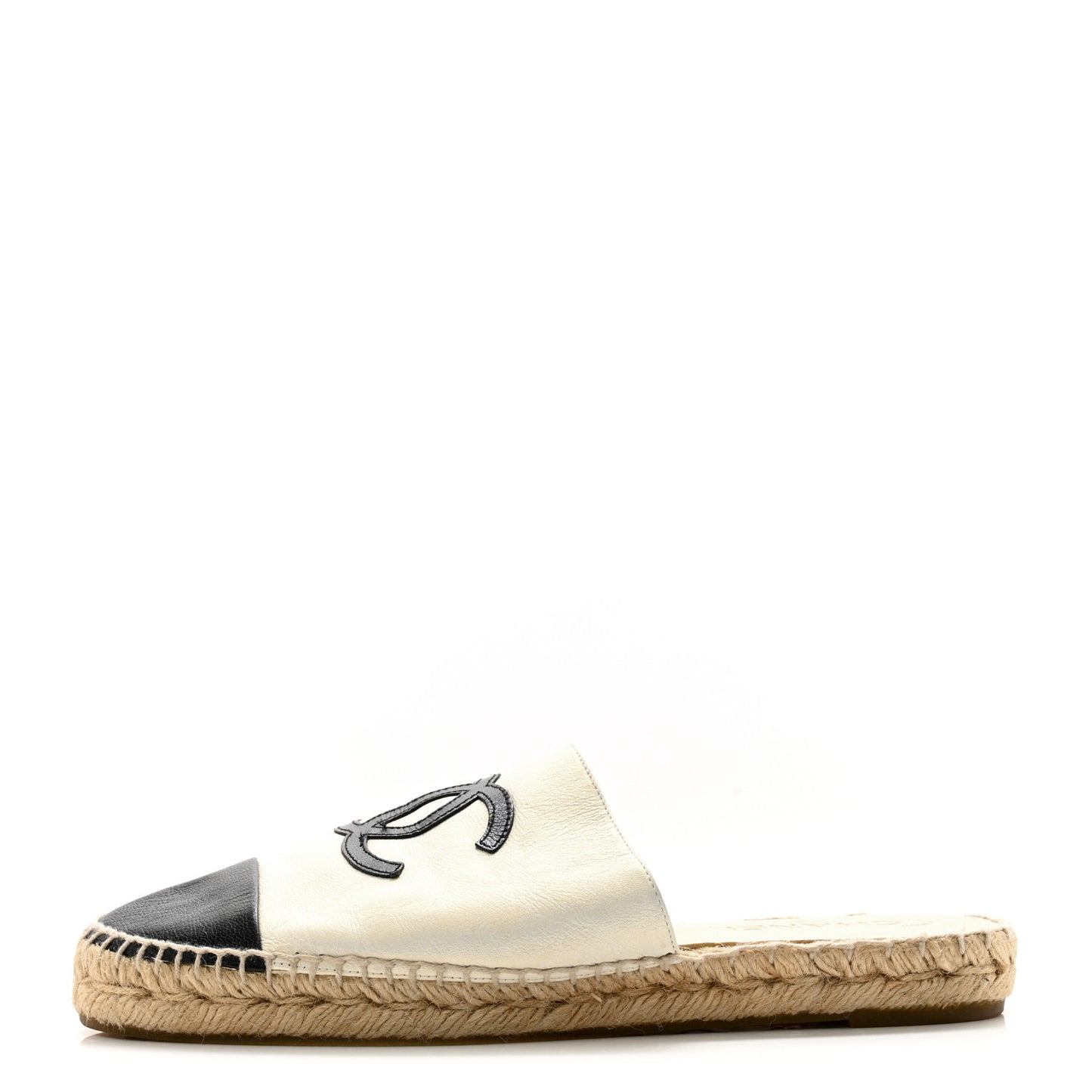 Iridescent Goatskin CC Espadrille Mules 40 Ivory Black