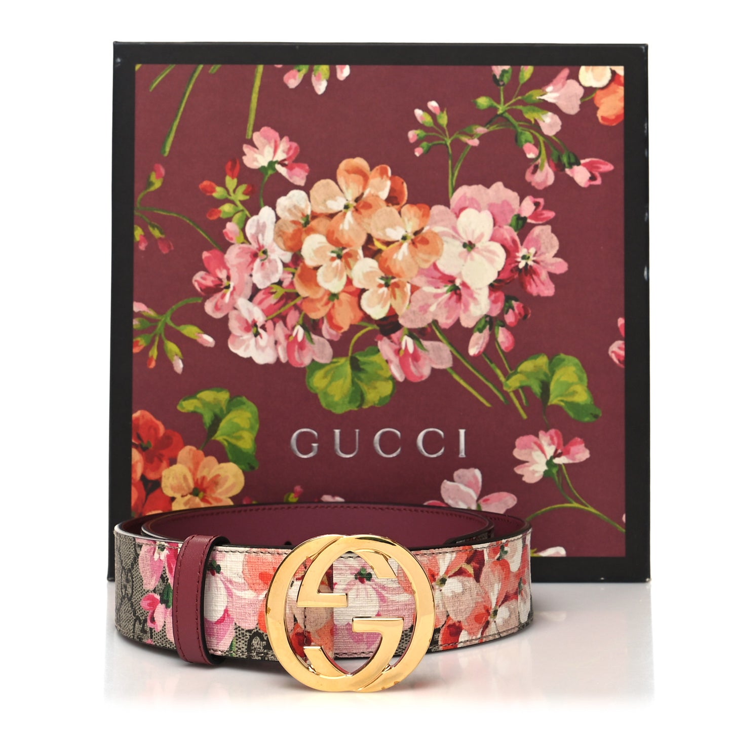 GG Supreme Monogram Blooms Moon Calfskin Interlocking G 37mm Belt 80 32 Beige Ebony Multicolor Dry Rose