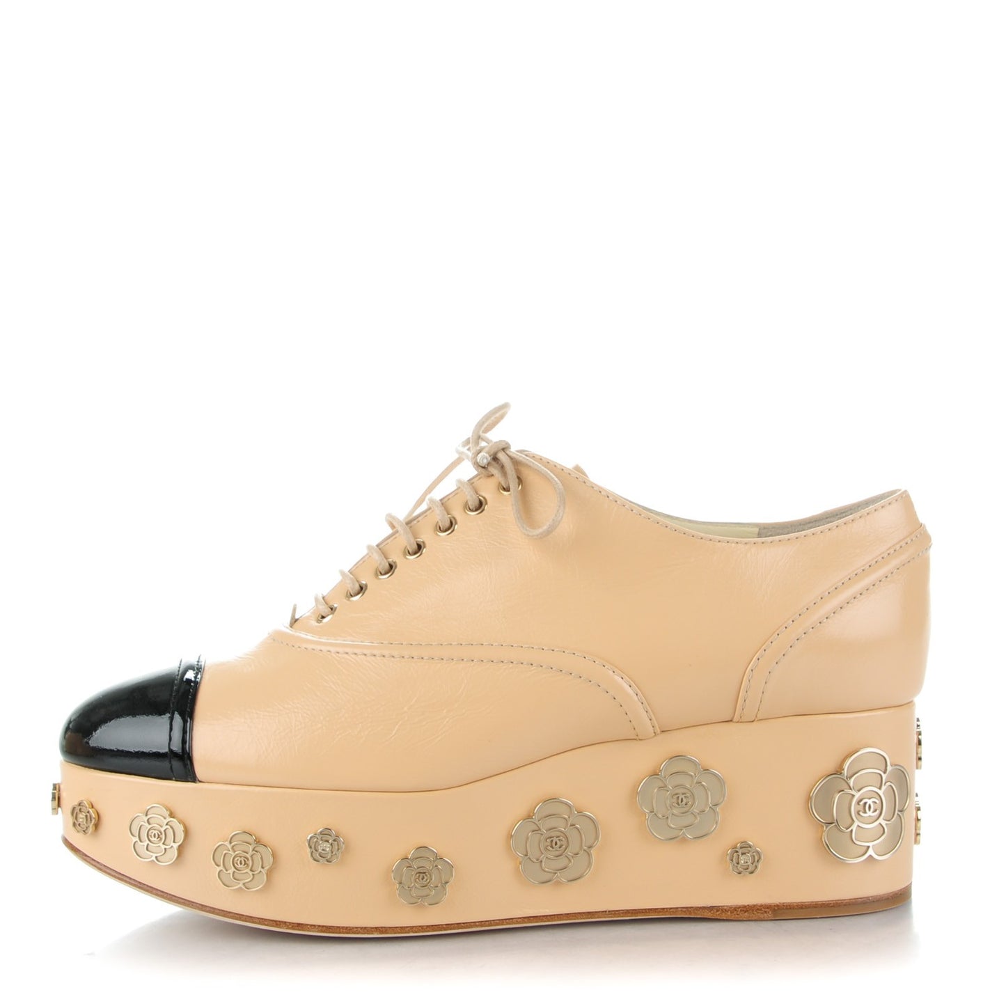 Crumpled Calfskin Lace Up Platform Oxford 38.5 Beige Black