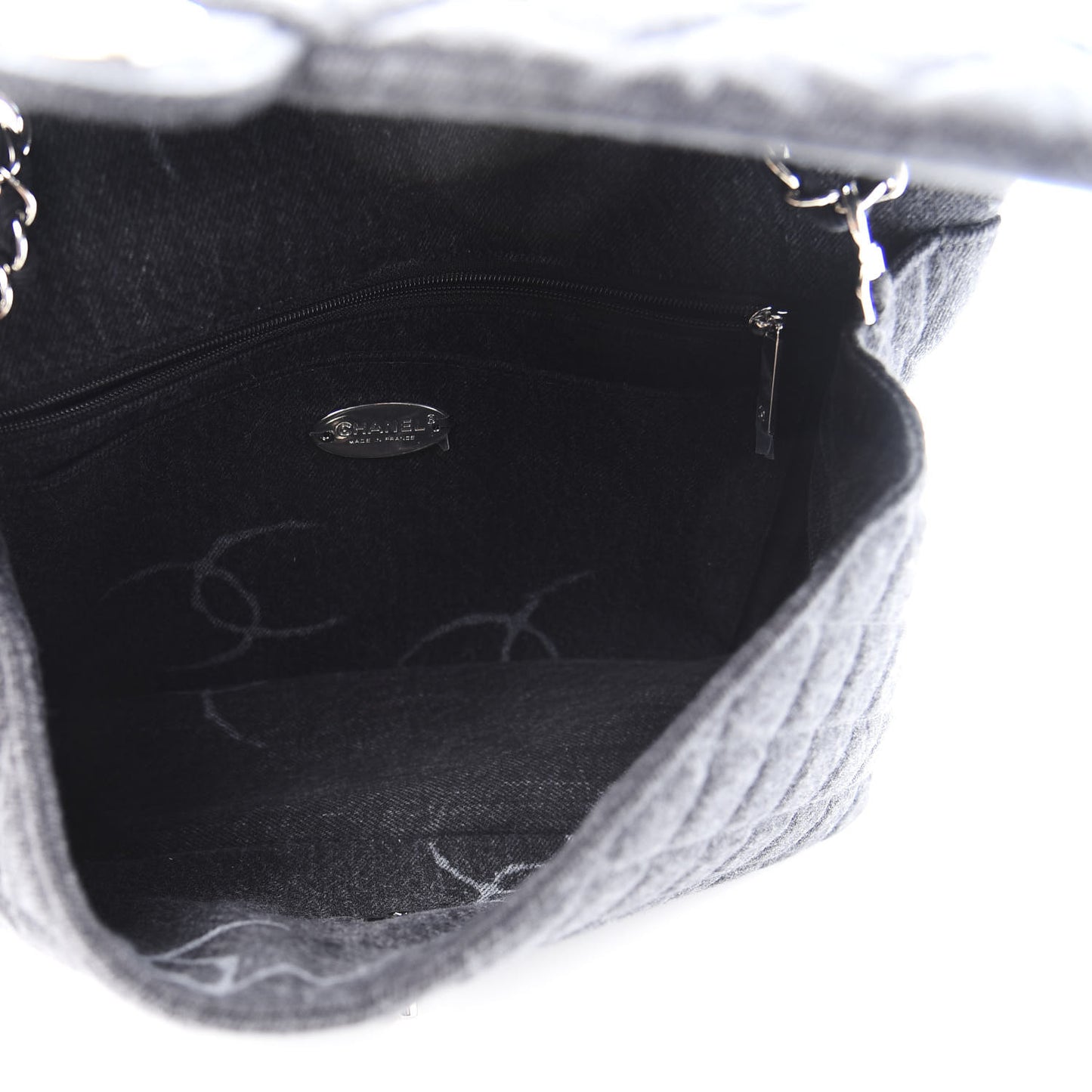 Denim Quilted CC Print Jumbo Single Flap Black