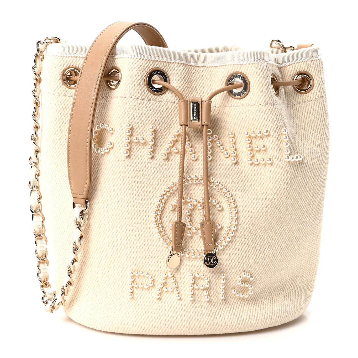 Chanel Canvas Pearl Deauville Drawstring Bucket Bag Ecru Beige 1 of 10