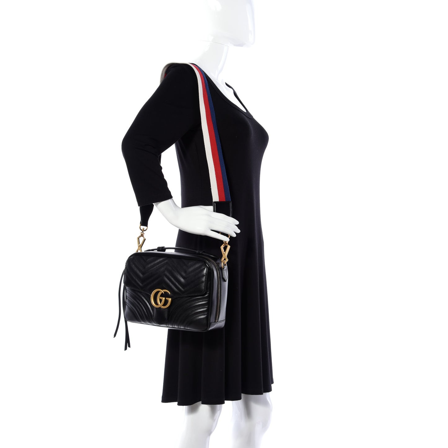 Calfskin Matelasse Sylvie Web Small GG Marmont Top Handle Shoulder Bag Black