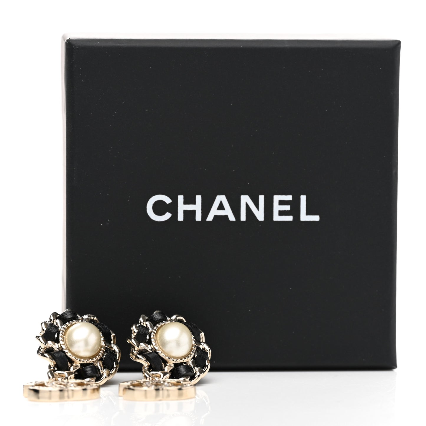 Pearl Lambskin Crystal CC Drop Earrings Gold White Black Gold White Black