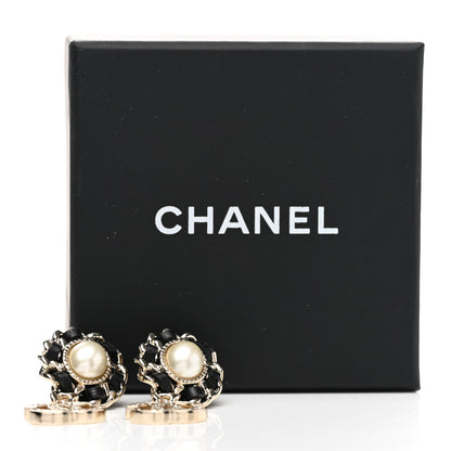Chanel Pearl Lambskin Crystal CC Drop Earrings Gold White Black Gold White Black 5 of 5