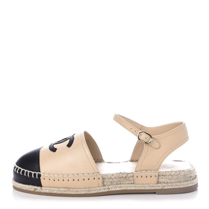 Chanel Lambskin Cap Toe CC Espadrille Sandals 39 Beige Black 1 of 10