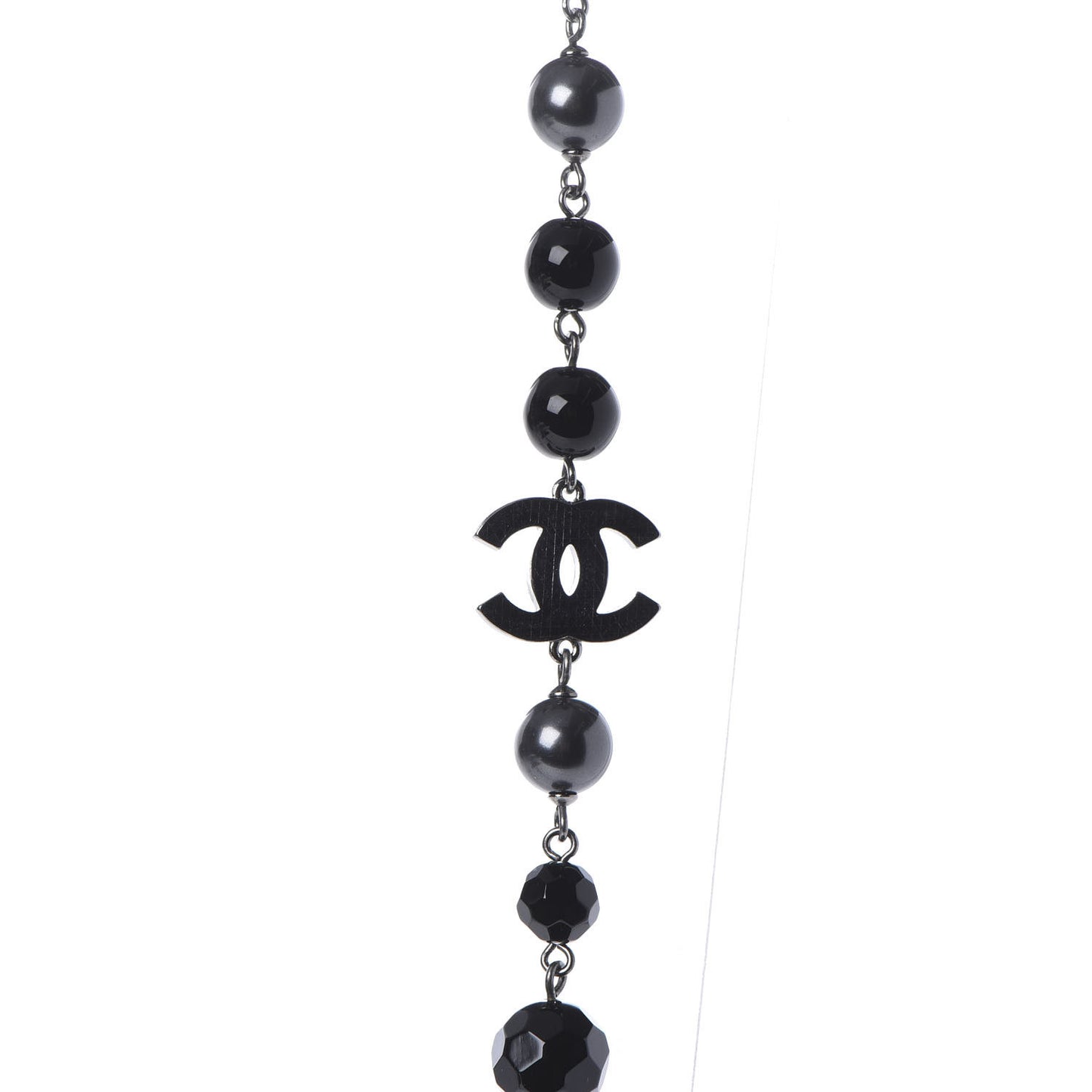 Pearl Beaded CC Long Necklace Silver Black