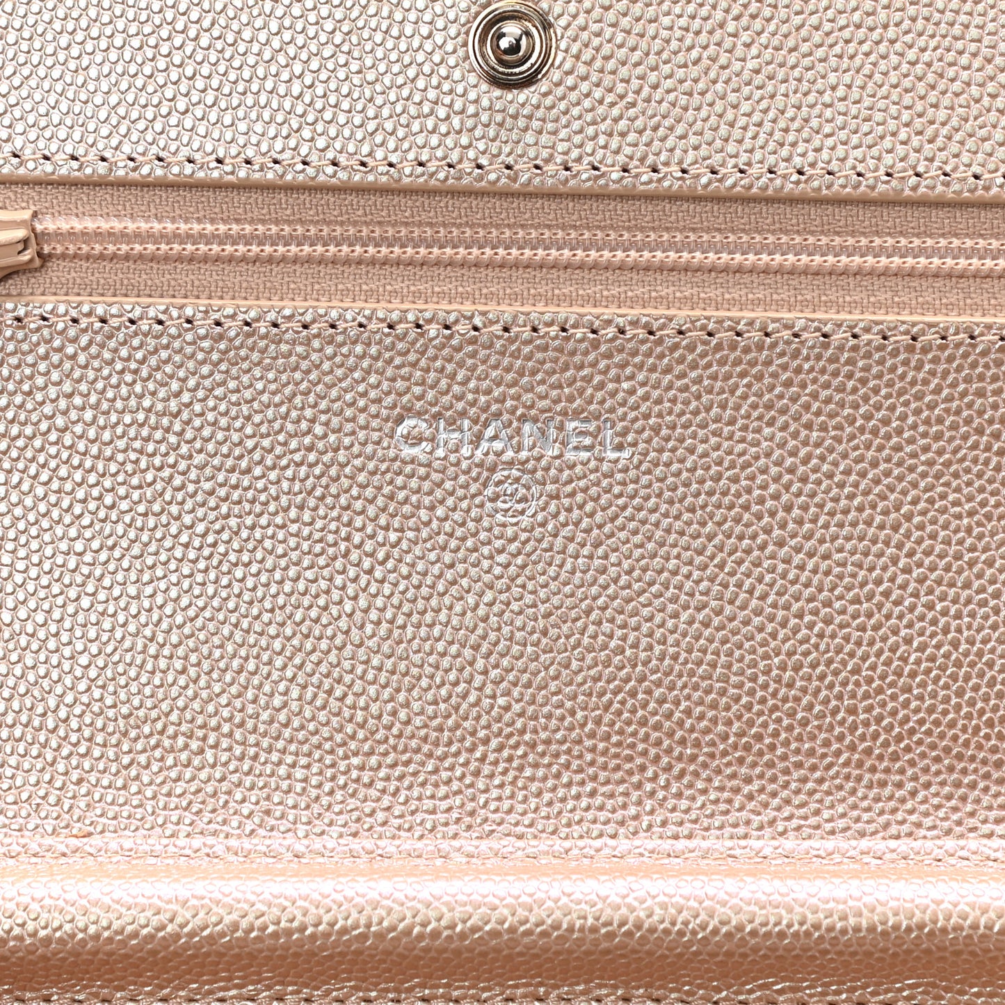 Metallic Caviar Chevron Quilted Wallet On Chain WOC Light Gold