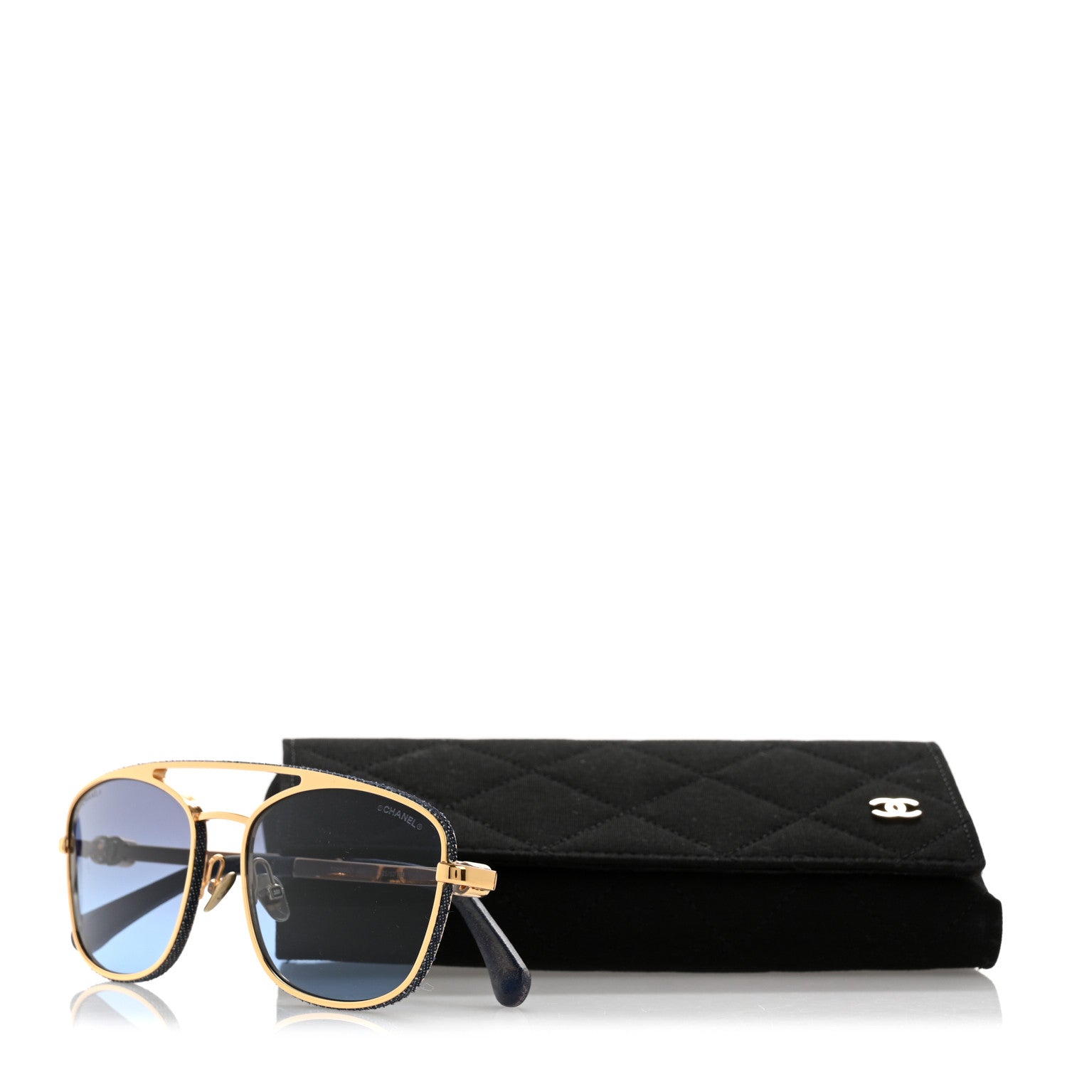Chanel Metal Calfskin Denim Pilot Sunglasses 4290-Q Gold Blue 8 of 8