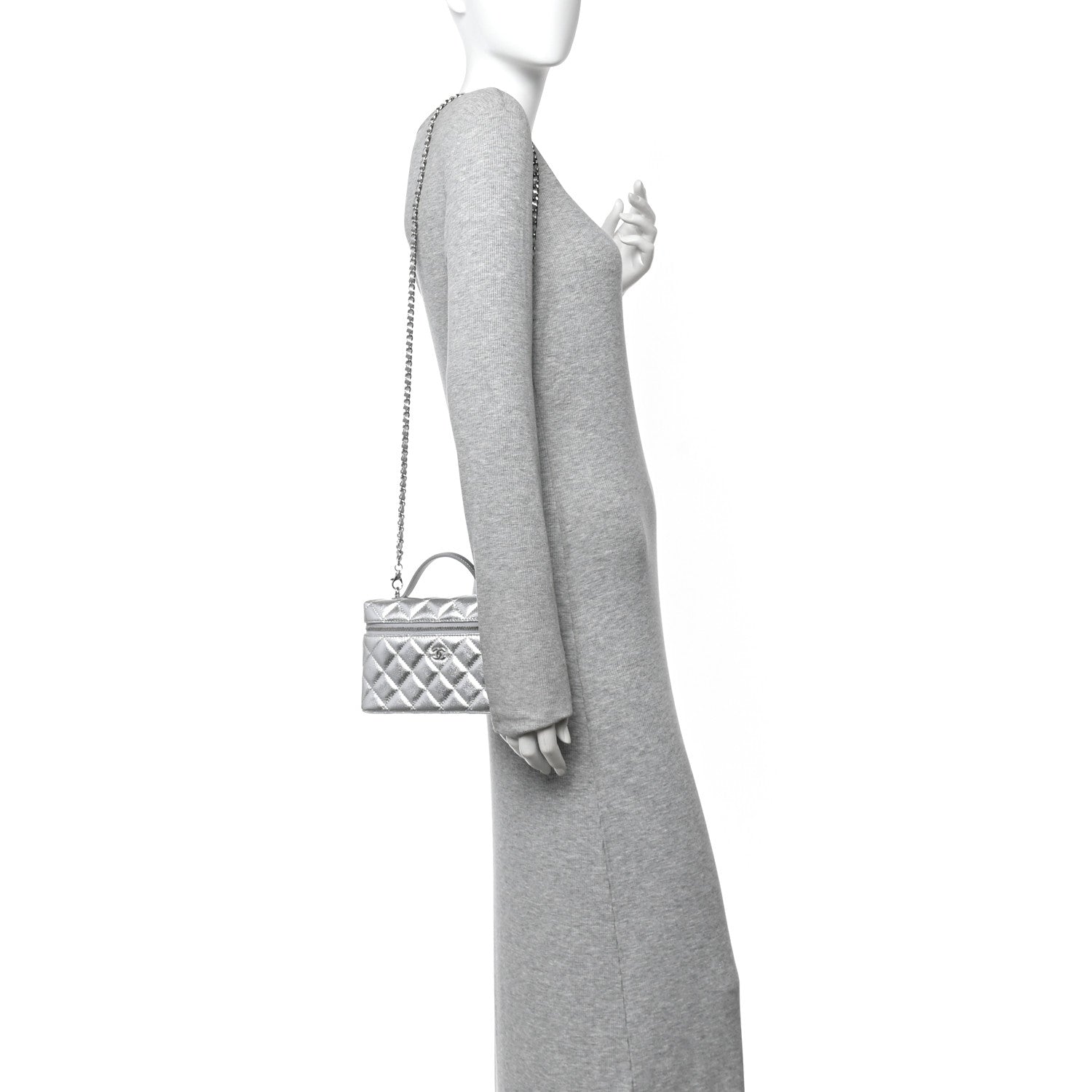 Chanel Metallic Caviar Quilted Top Handle Slim Vanity Case With Chain Silvery 2 of 11
