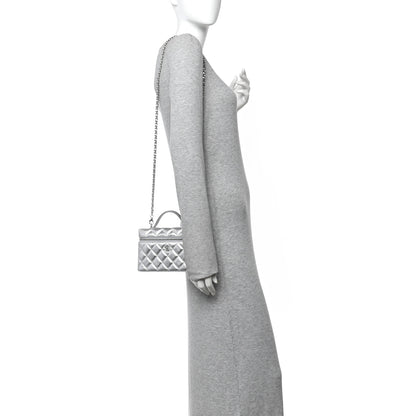 Chanel Metallic Caviar Quilted Top Handle Slim Vanity Case With Chain Silvery 2 of 11
