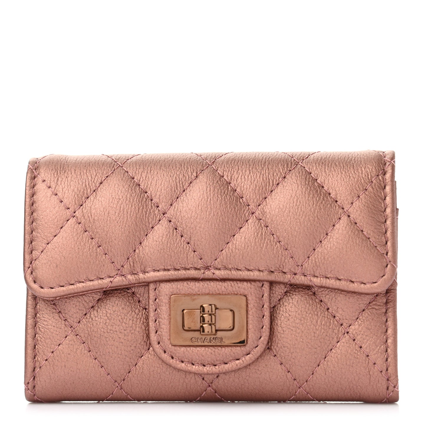 Metallic Calfskin Quilted Reissue Flap Card Holder Copper Pink