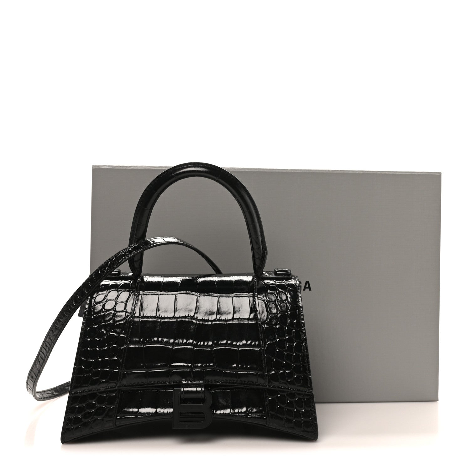 Balenciaga Shiny Calfskin Monochrome Crocodile Embossed Small Hourglass Top Handle Bag Black 9 of 9