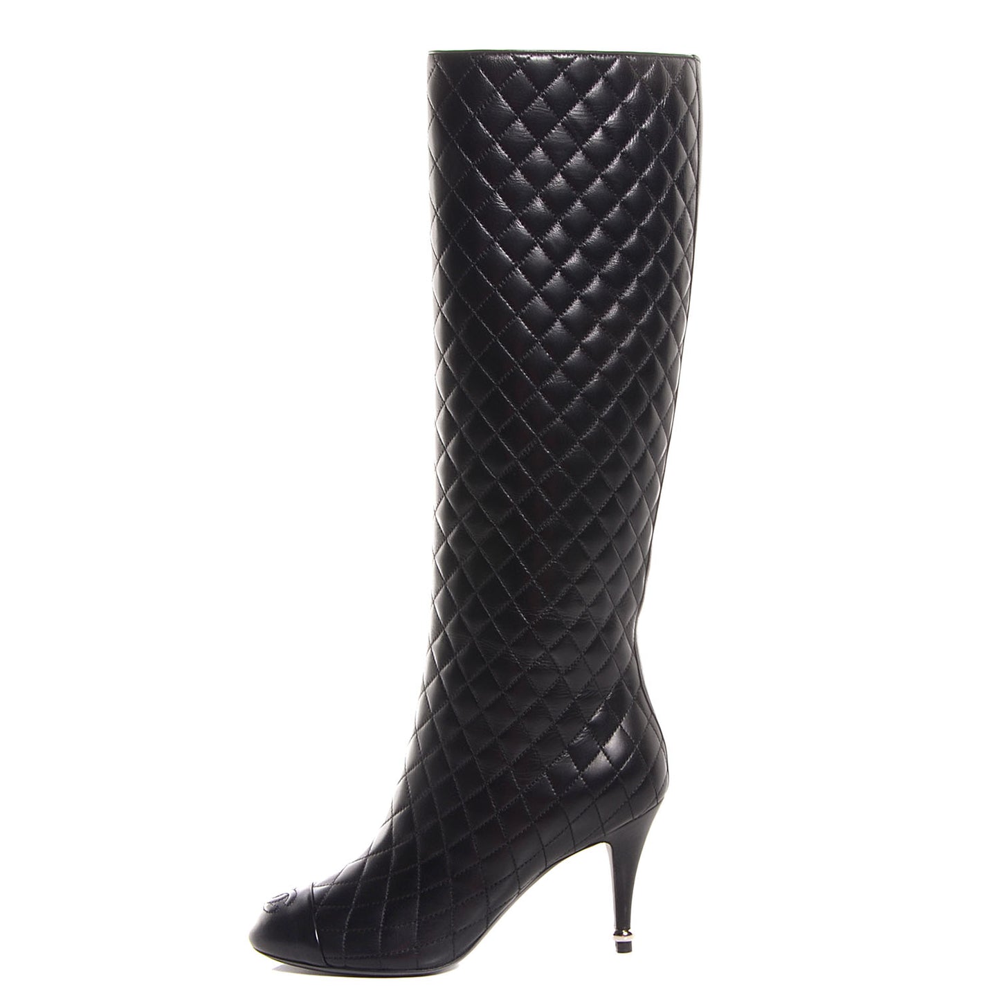 Leather Quilted CC Cap Toe Knee High Boots 38.5 Black