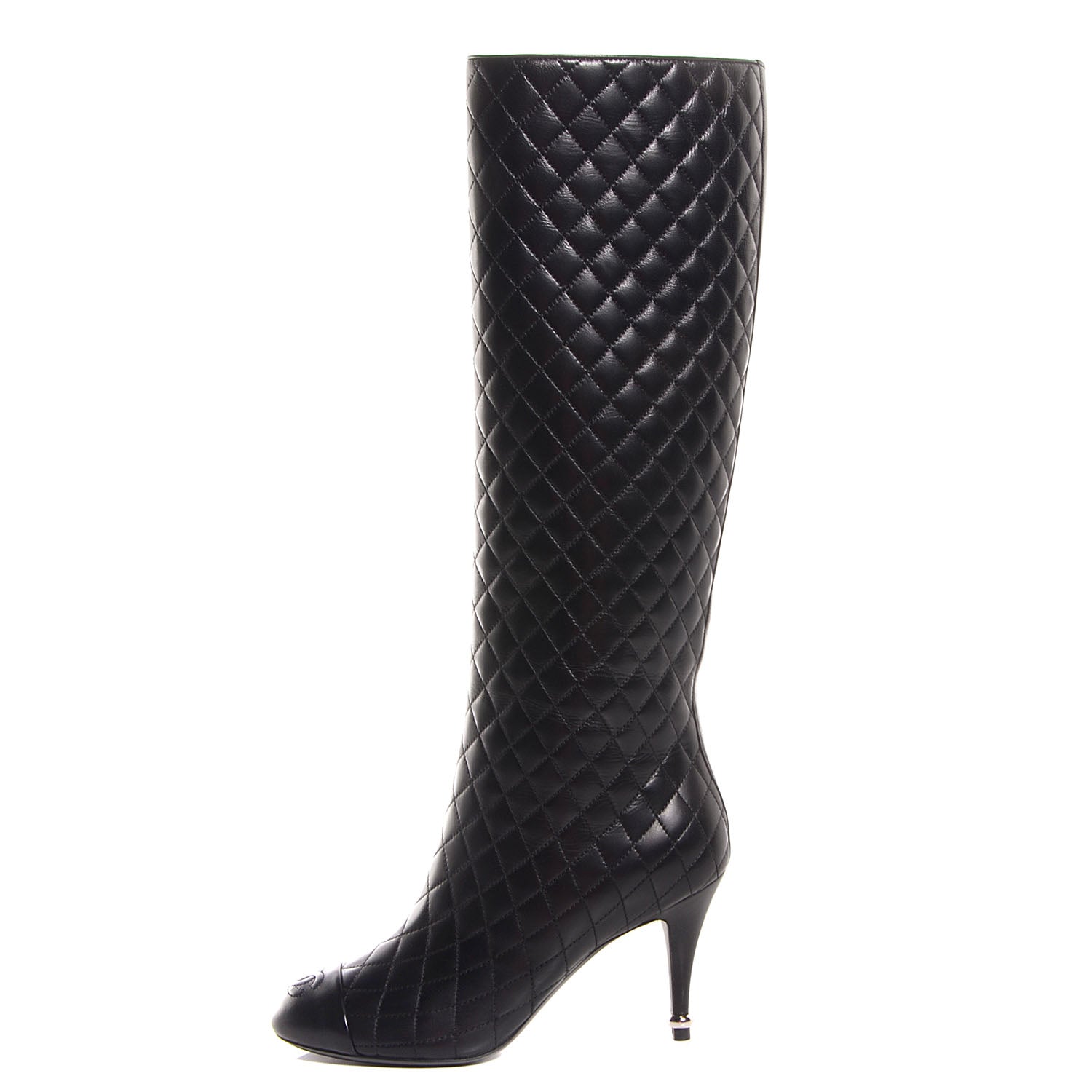 Chanel Leather Quilted CC Cap Toe Knee High Boots 38.5 Black 1 of 7
