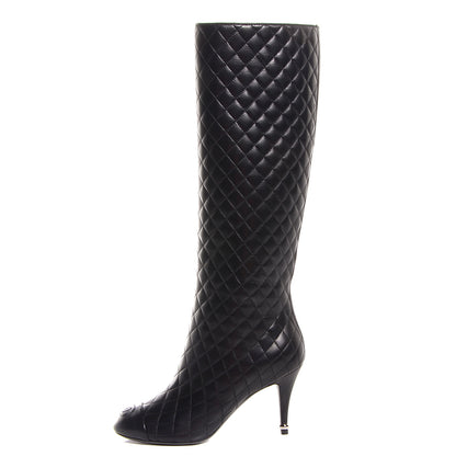 Chanel Leather Quilted CC Cap Toe Knee High Boots 38.5 Black 1 of 7