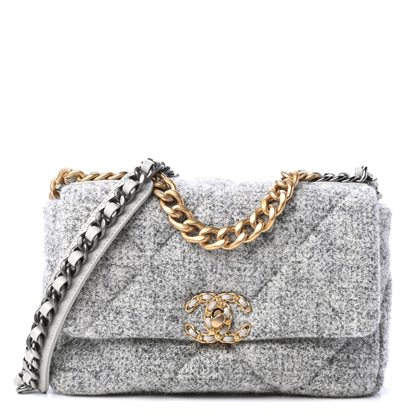 Tweed Quilted Medium Chanel 19 Flap Grey Ecru