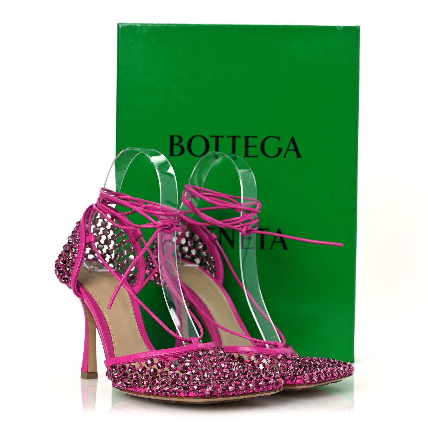 Bottega Veneta Mesh Nappa Crystal Embellished Sparkle Stretch Ankle Tie 90mm Sandals 37.5 Hollyhock 10 of 10