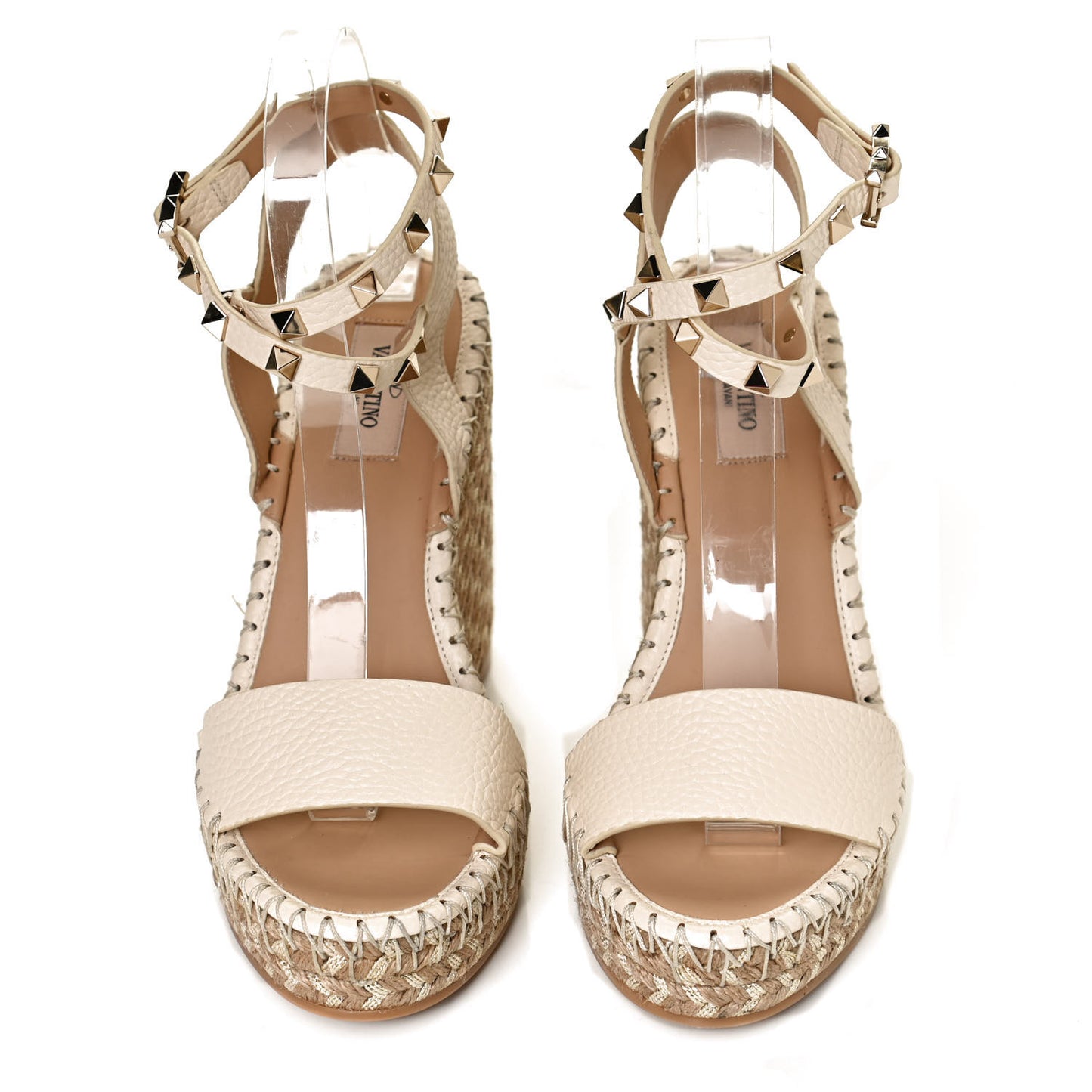 Grained Calfskin Rockstud Ankle Strap Espadrille Wedge Sandals 38 Light Ivory Natural