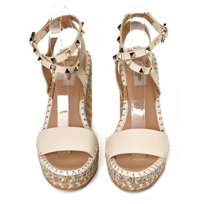 Valentino Garavani Grained Calfskin Rockstud Ankle Strap Espadrille Wedge Sandals 38 Light Ivory Natural 5 of 12