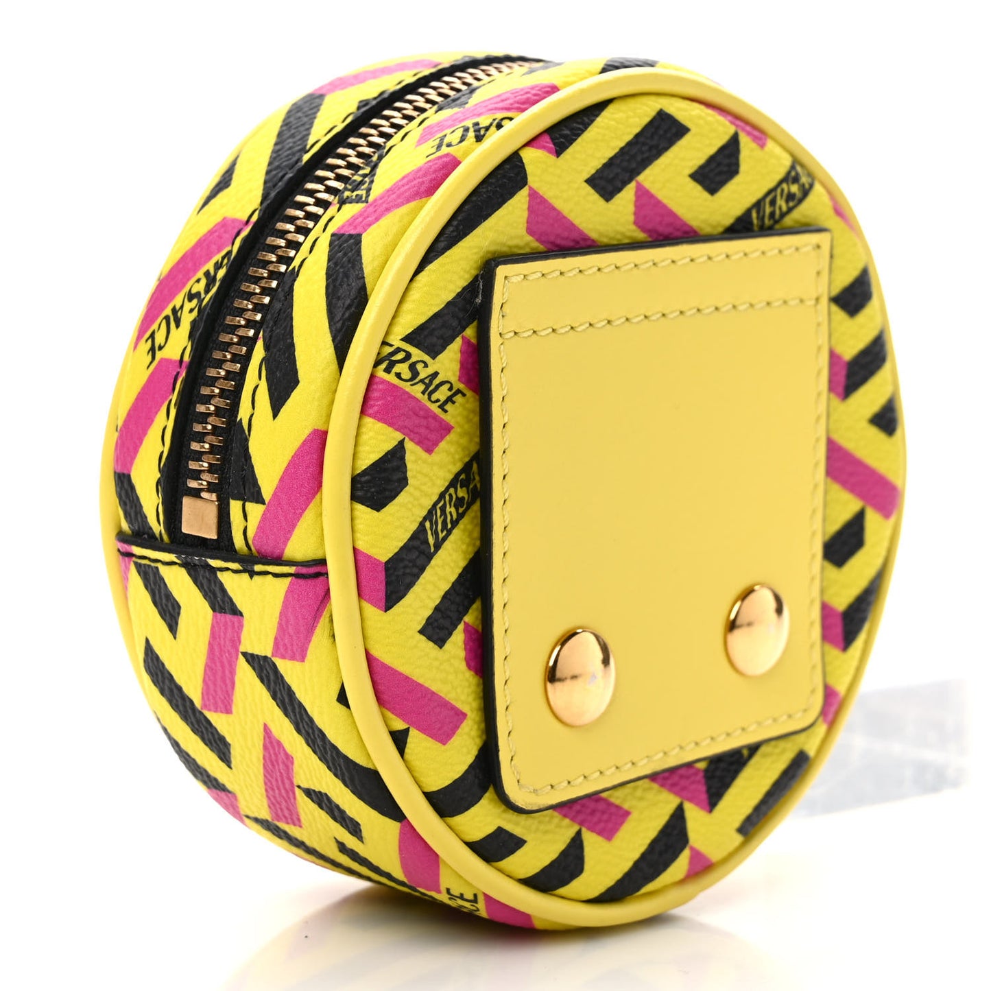 Coated Canvas Calfskin La Greca Round Zip Pouch Yellow Black