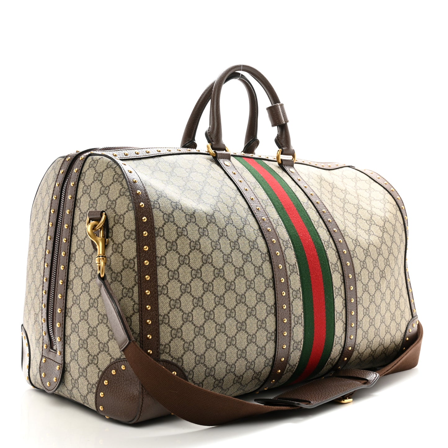 GG Supreme Monogram Textured Dollar Calfskin Web Studded Large Savoy Duffle Bag Beige Ebony