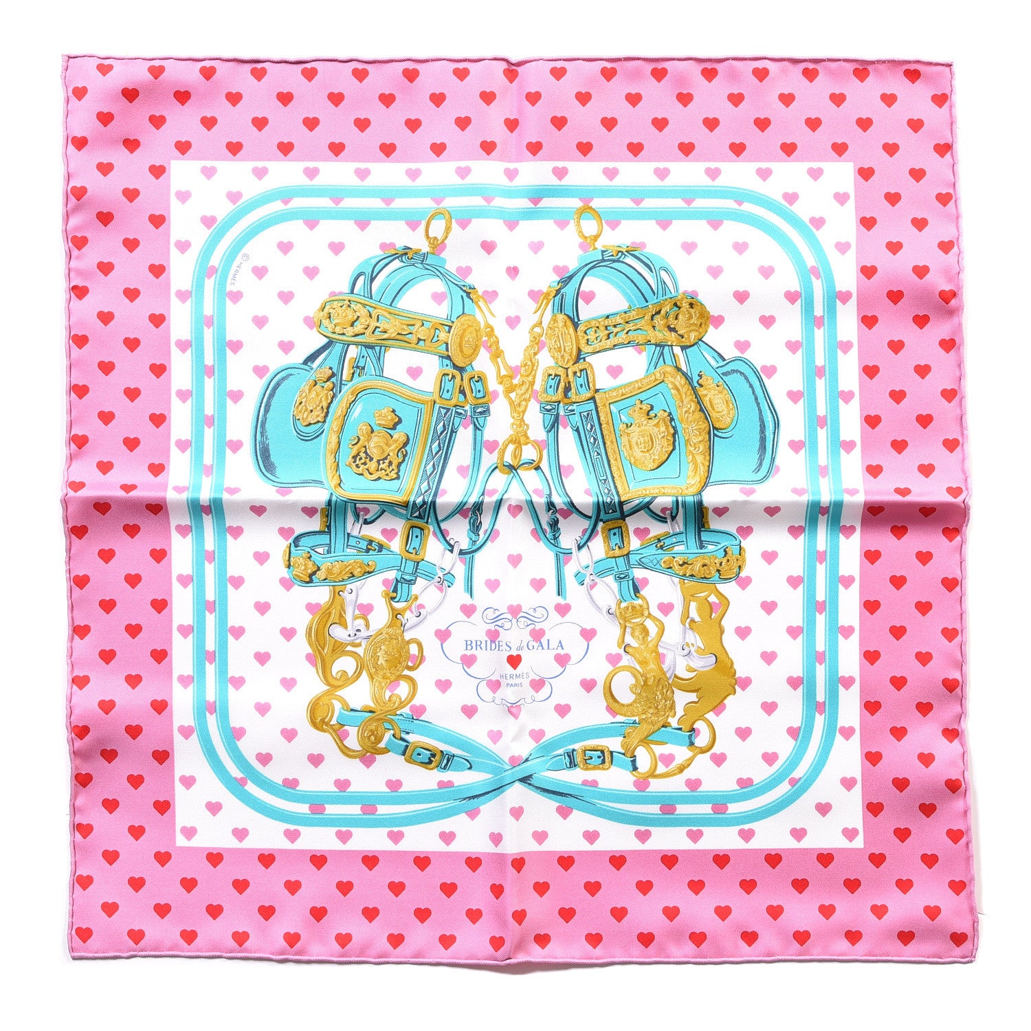 Hermes Silk Brides De Gala Love Pocket Square Rose Buvard Rouge Turquoise 1 of 5